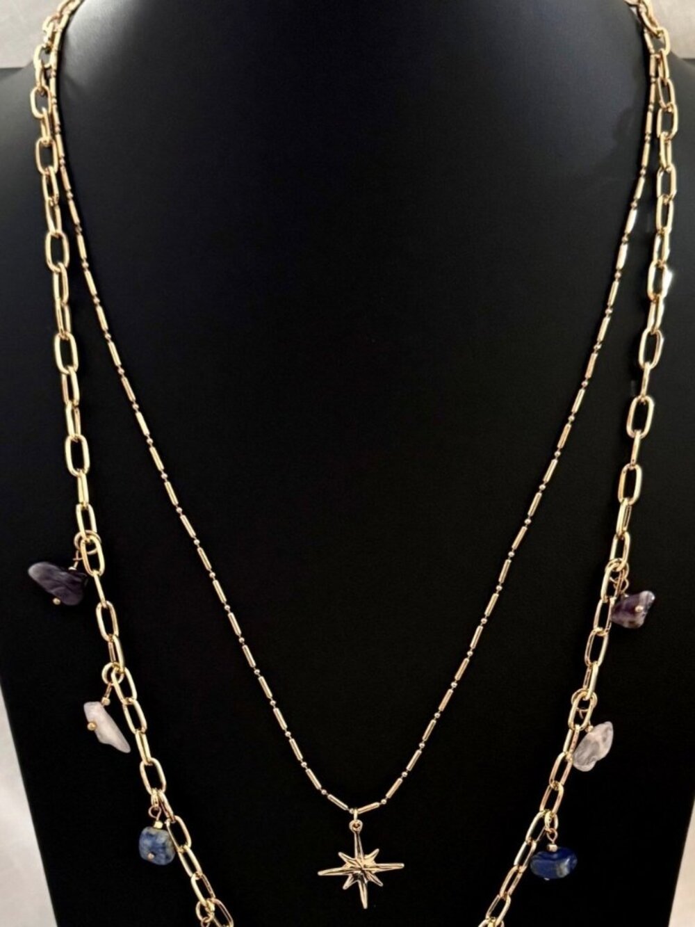 Long Layered Gold Necklace Star Pendant Natural Stone Charms Paperclip Chain - Picture 5 of 7